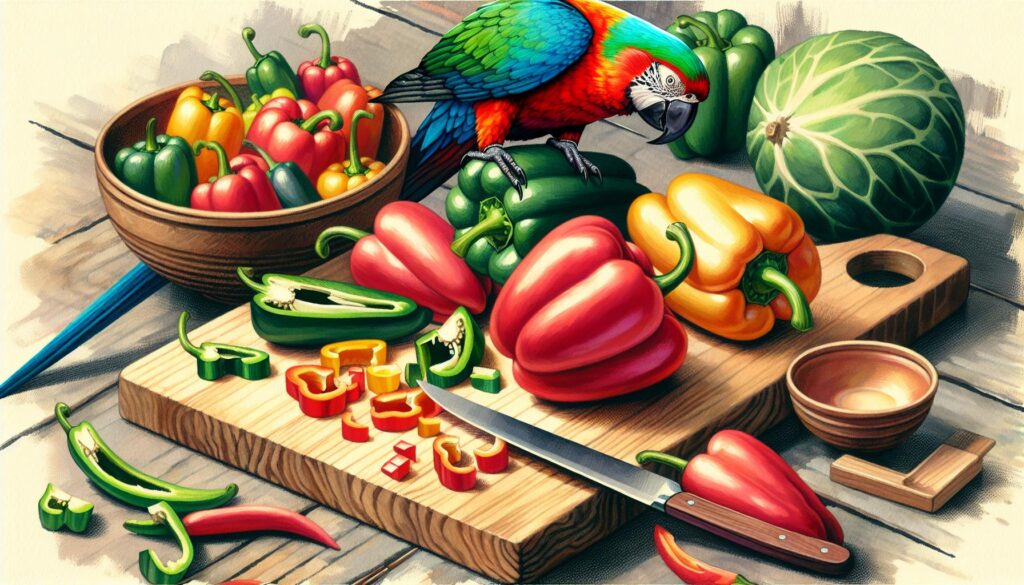 Bird eating bell peppers