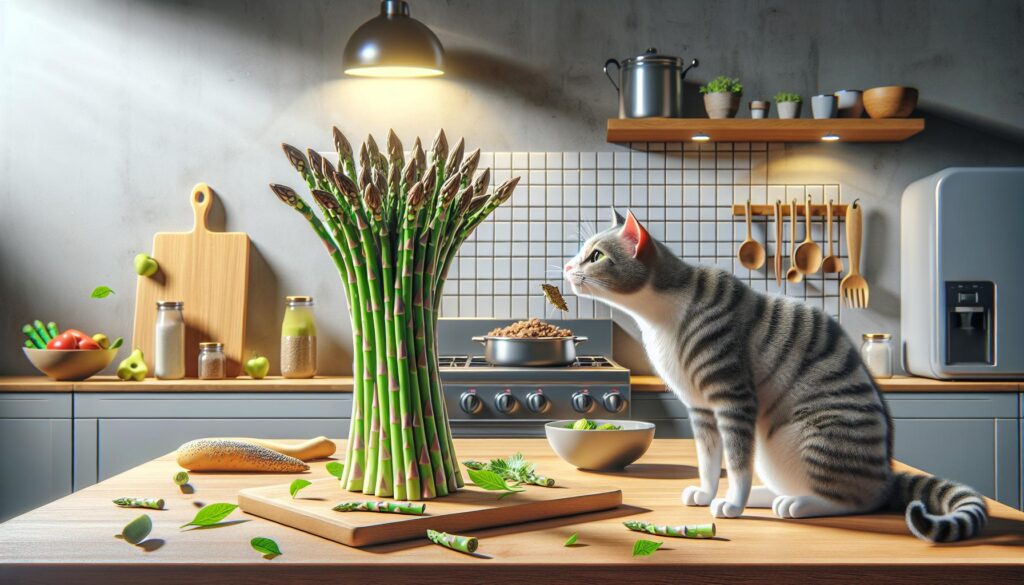 Cat eating asparagus