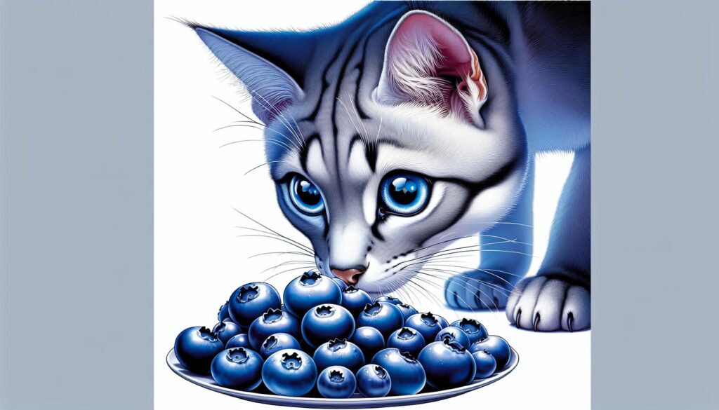 Cat eating blueberries