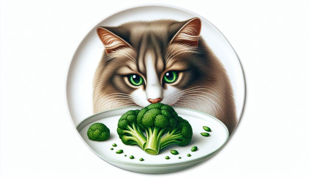 Cat eating broccoli