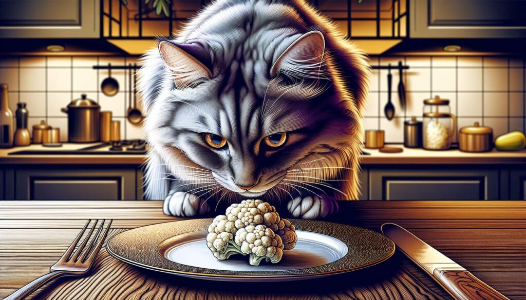 Cat eating cauliflower