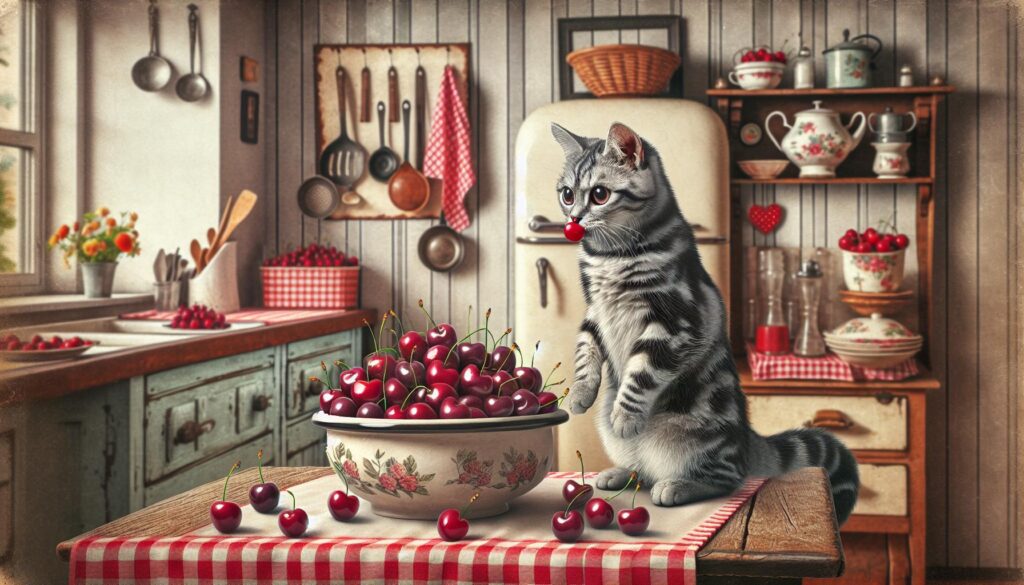 Cat eating cherries