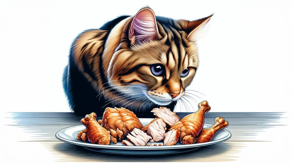 Cat eating chicken