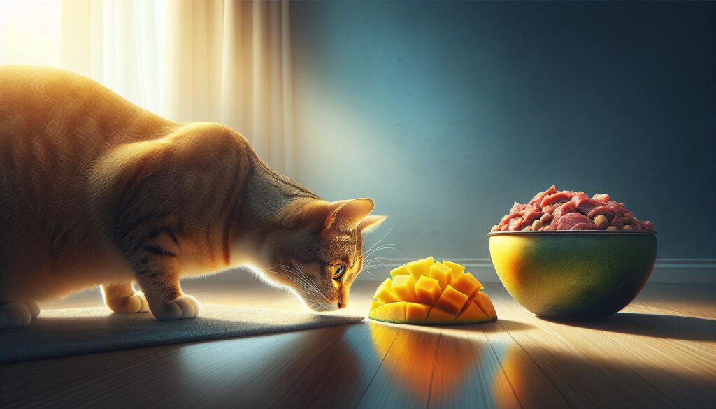 Cat eating mango