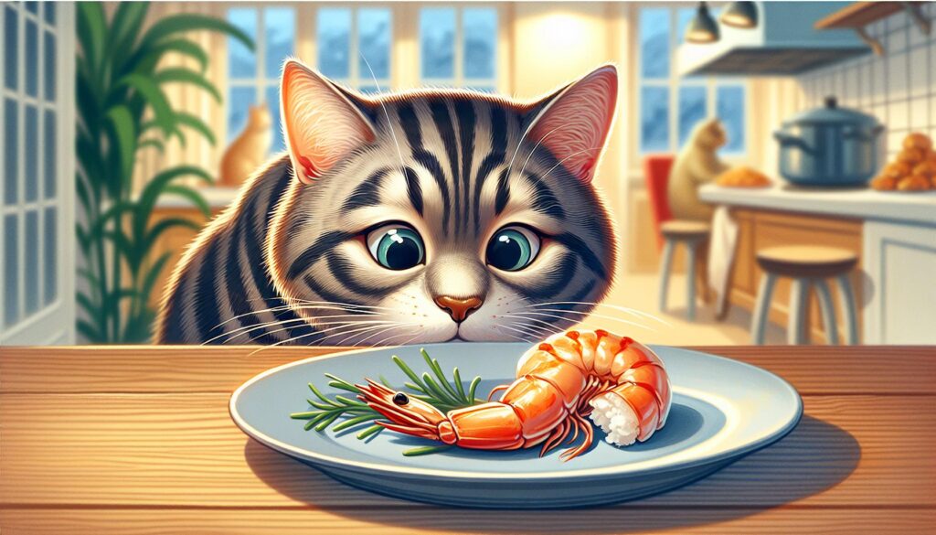 Cat eating shrimp