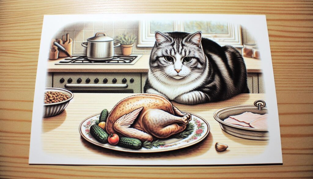 Cat eating turkey