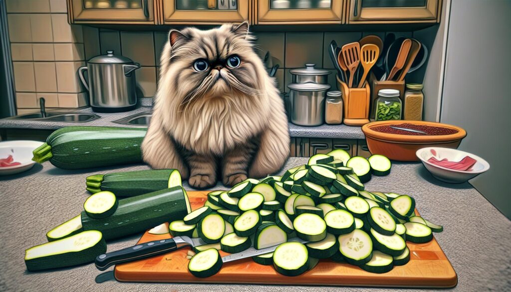 Cat eating zucchini