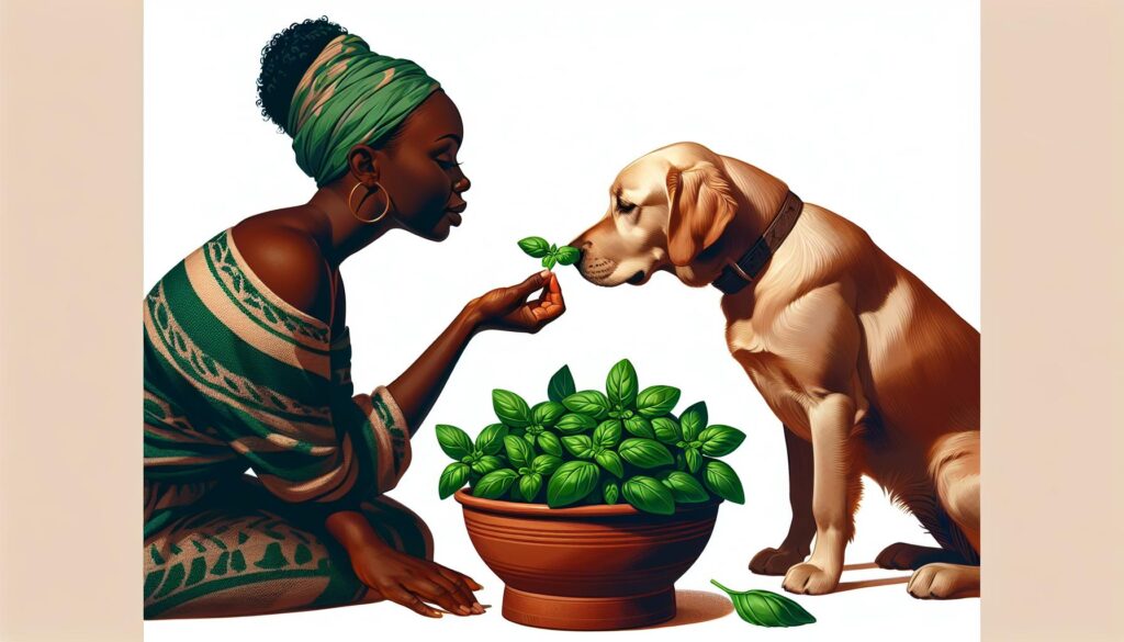 Dog eating basil