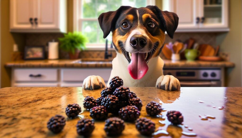 Dog eating blackberries