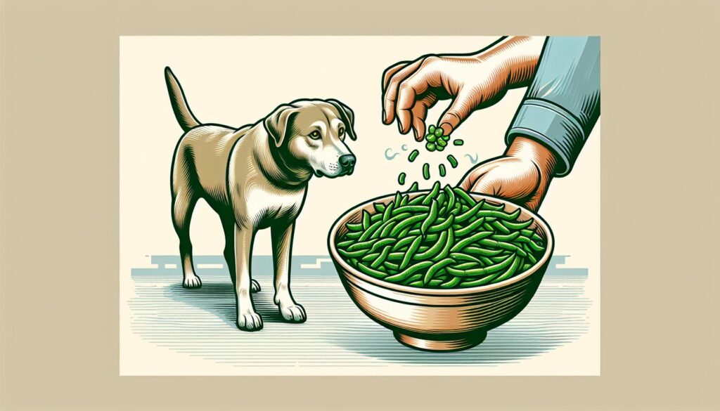 Dog eating green beans