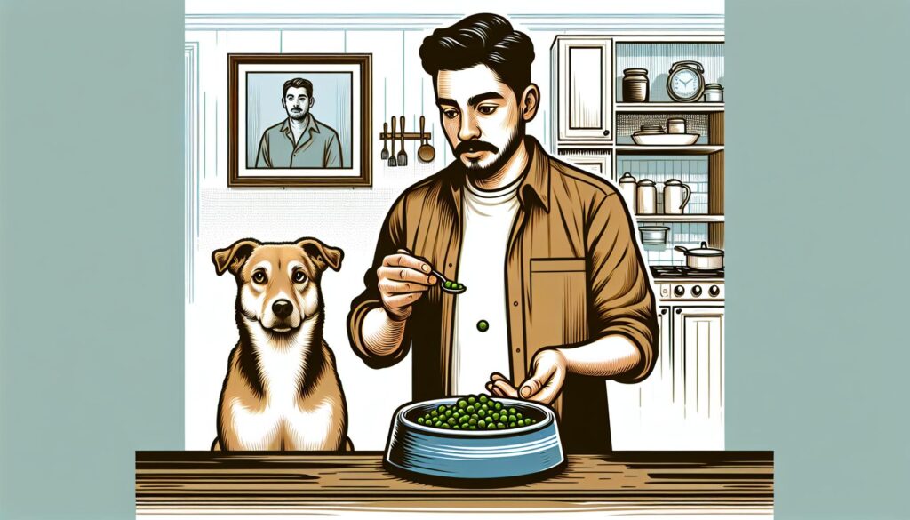 Dog eating green peas