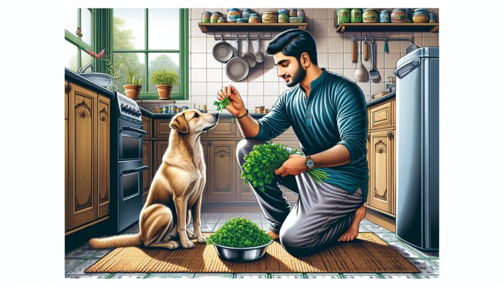 Dog eating parsley