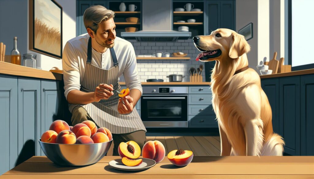 Dog eating peach