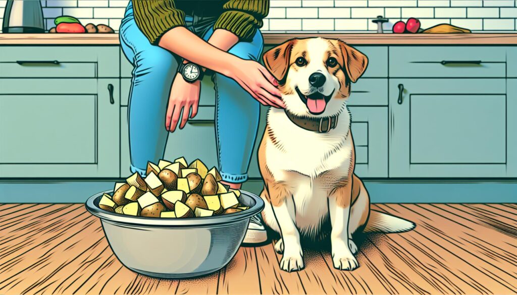 Dog eating potatoes