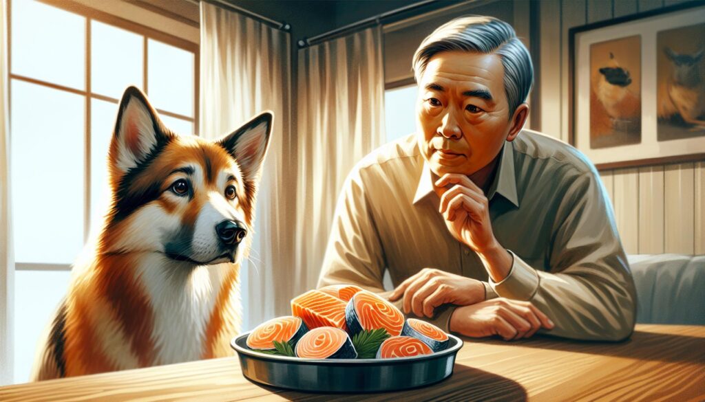 Dog eating salmon