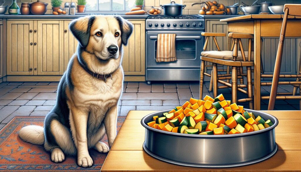 Dog eating squash