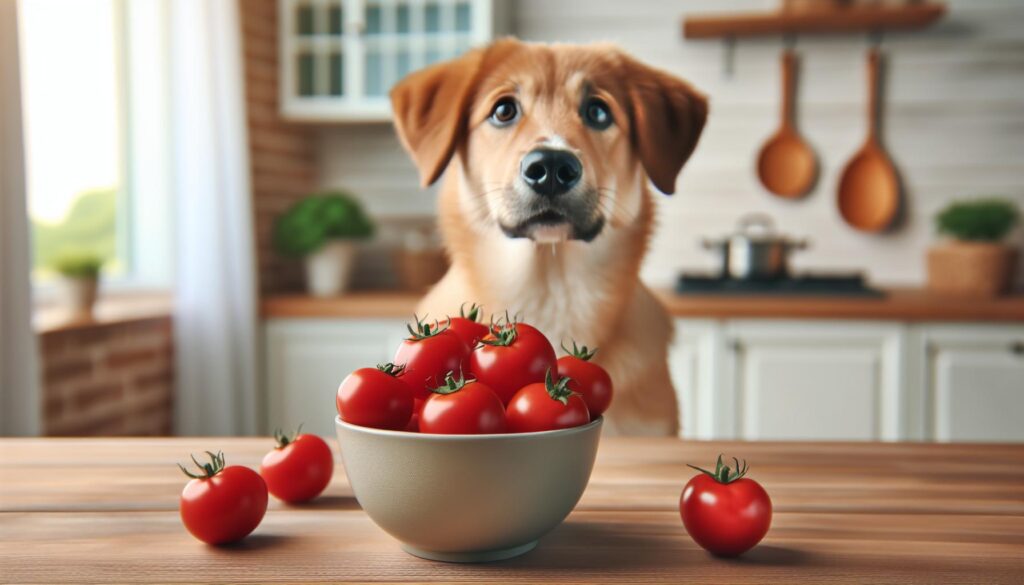 Dog eating tomatoes