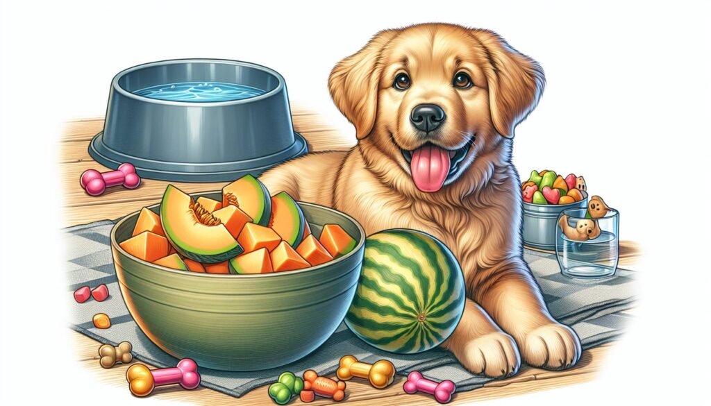 Dog with a bowl of melon