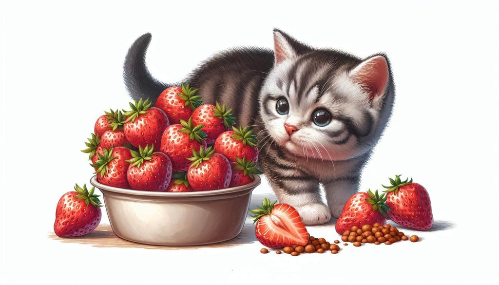 Cat eating strawberries