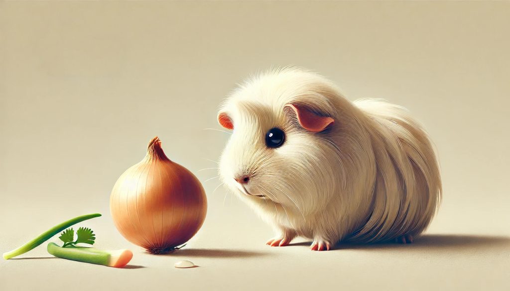 Guinea pig eating onions